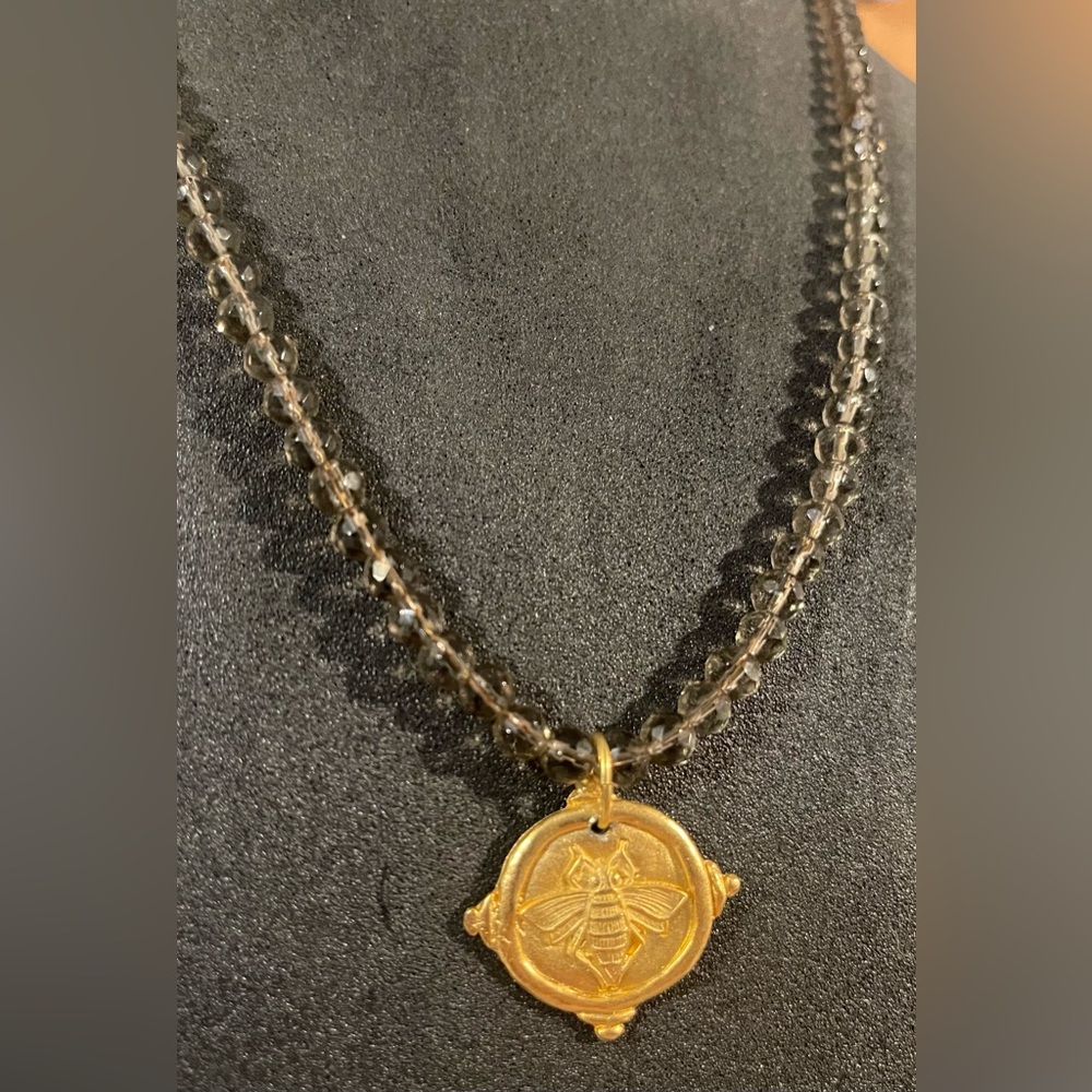 Susan Shaw Crystal Bead Necklace with Bee Medallion